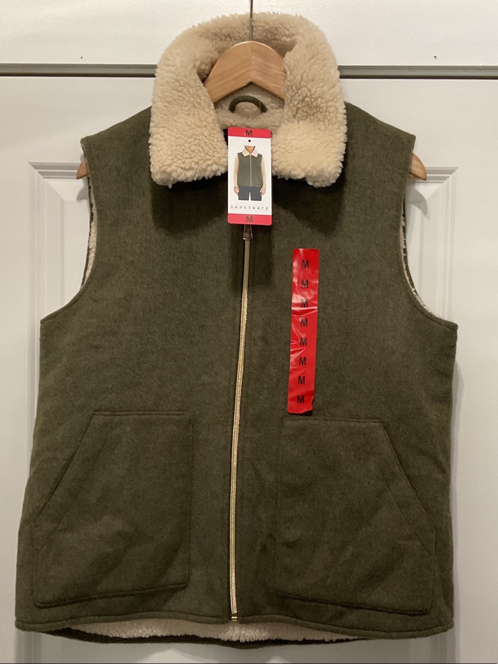 Sanctuary Olive Utility Vest with Cream Sherpa Collar